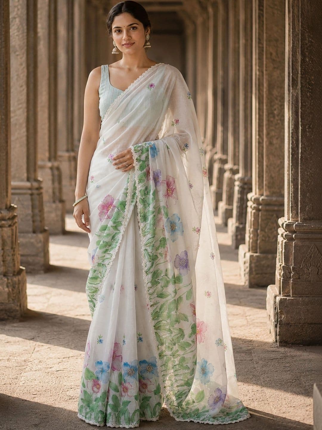 KALINI Floral Linen Blend Designer Block Print Saree - view 1