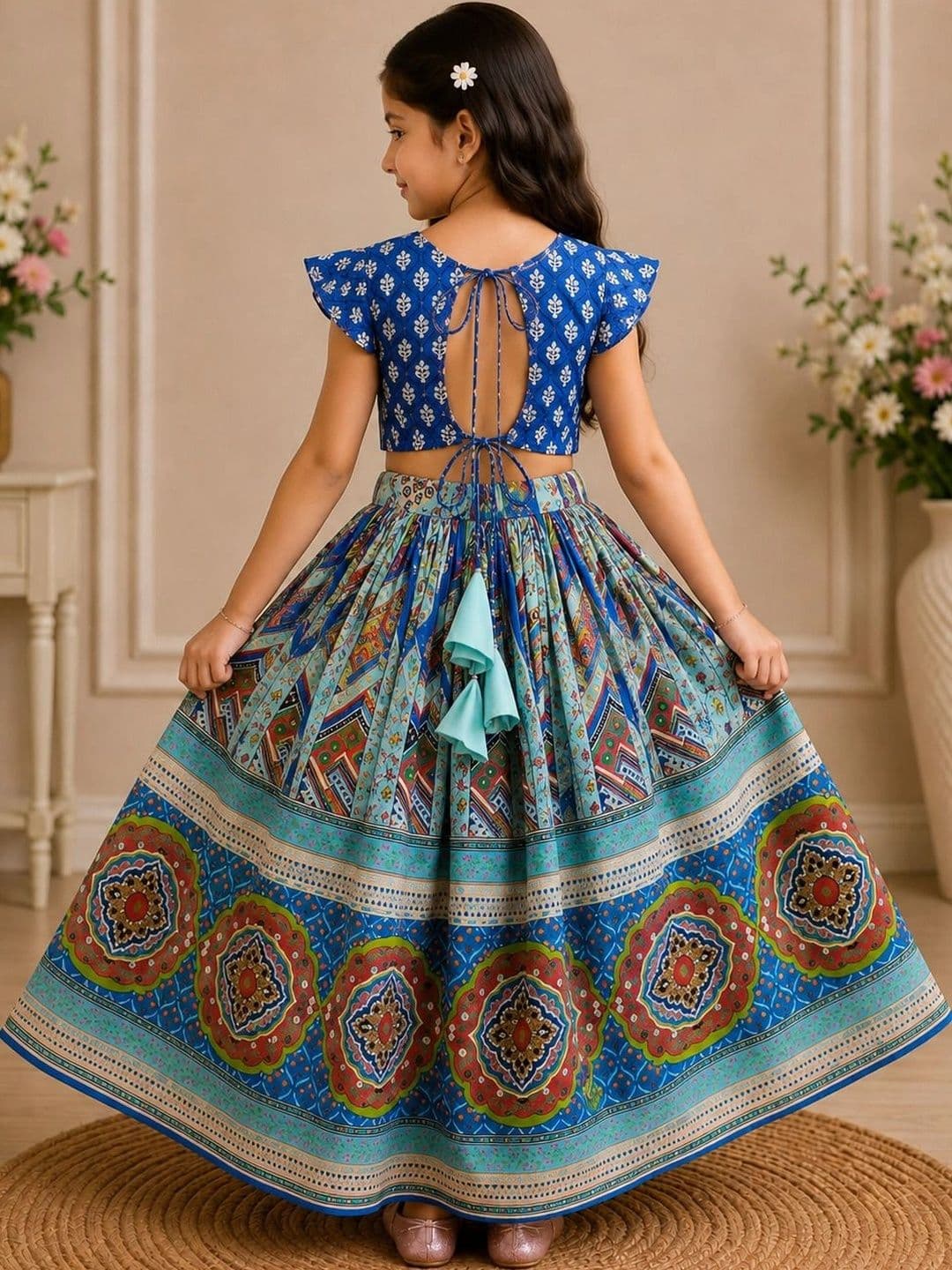 KALINI Girls Printed Block Print Ready to Wear Lehenga & thumbnail 5
