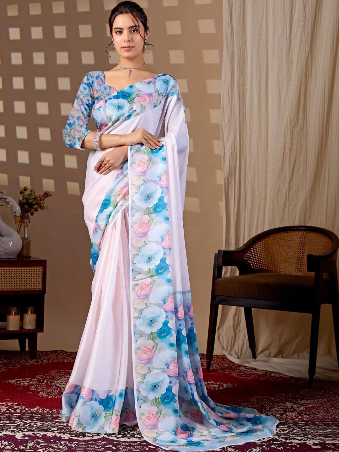 DIVASTRI Floral Satin Designer Saree - view 1