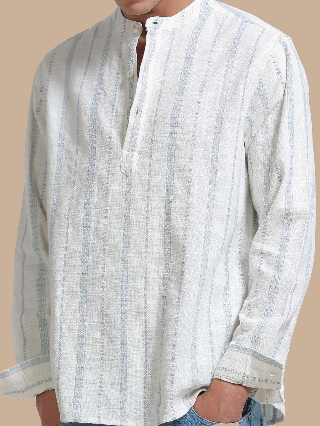 StitchX Men's Pure Cotton Striped Mandarin Collar Kurta Shirt thumbnail 3