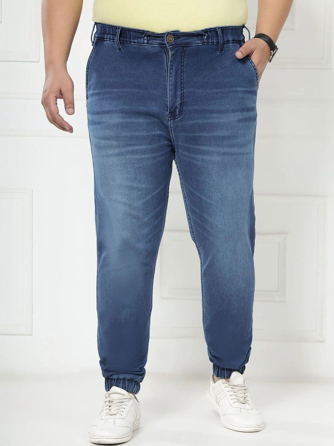 John Pride Plus Size Men Mid-Rise Stretchable Elasticated Waist Light Blue Jogger Jeans - view 1