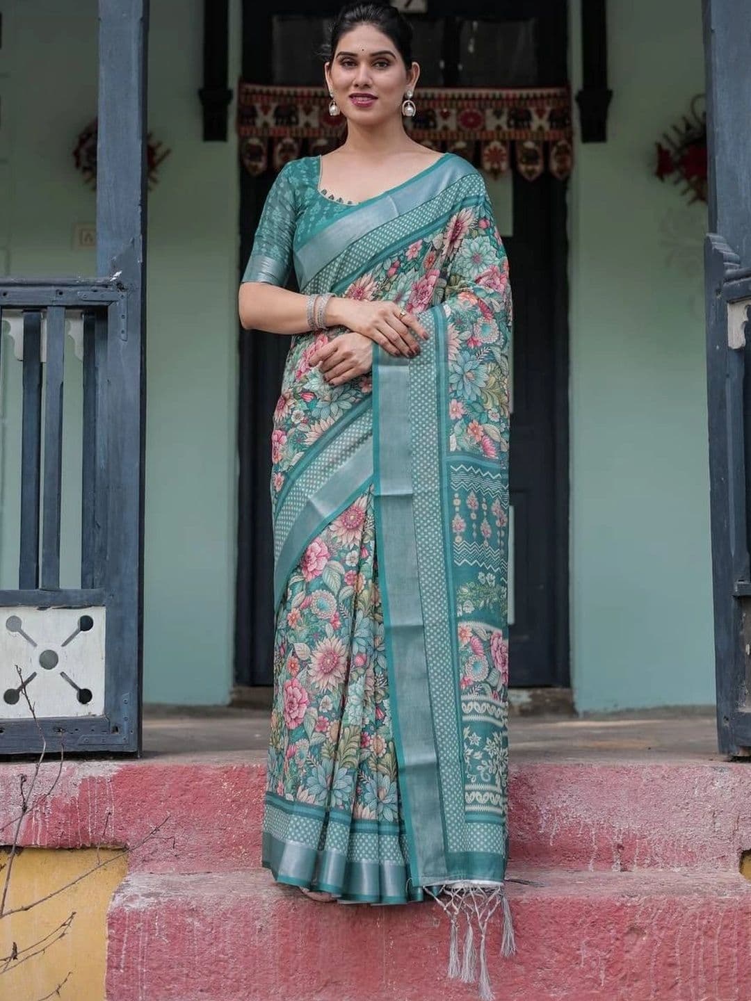 saneria silk Floral Linen Blend Chanderi Saree - view 1