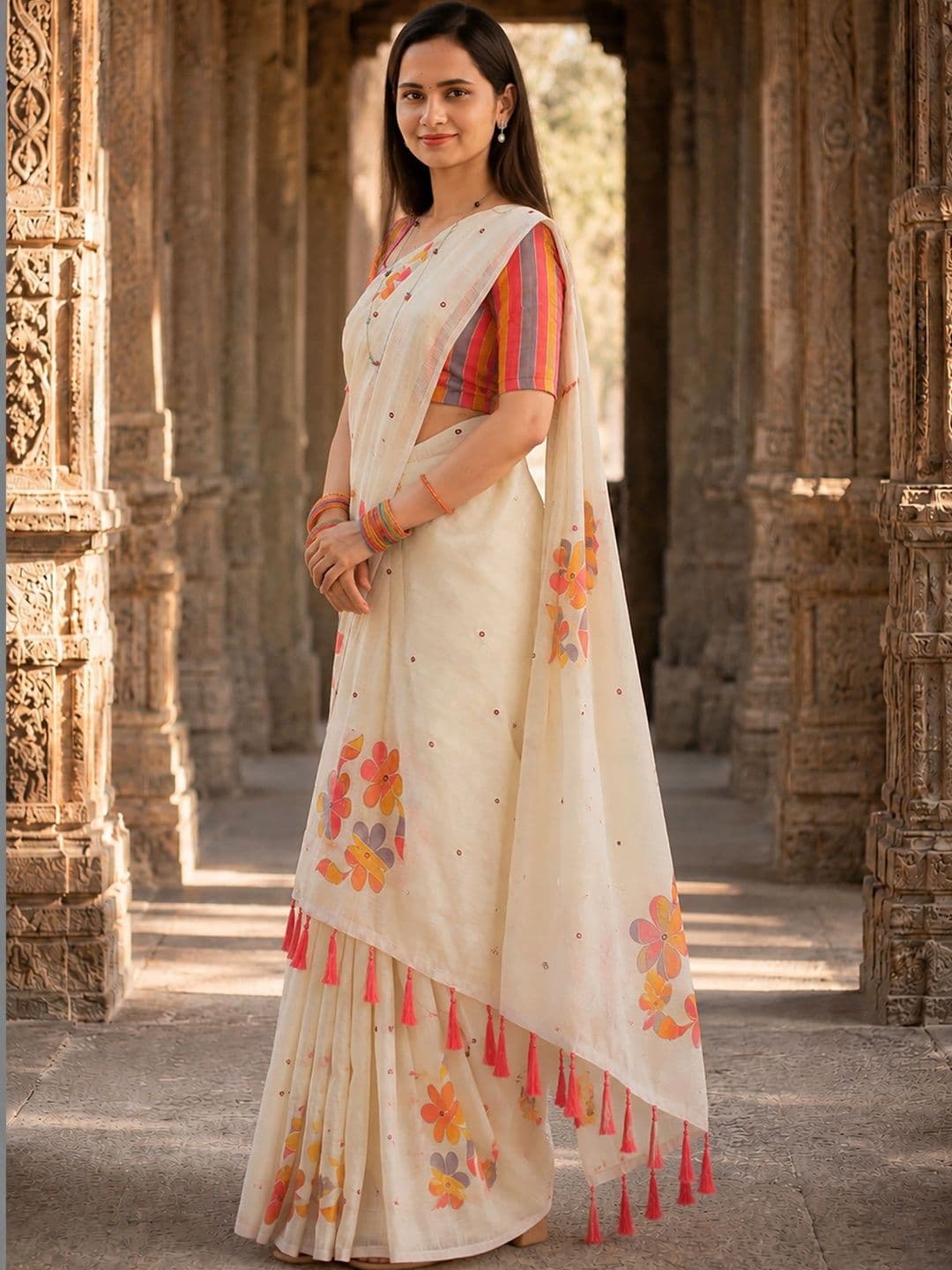KALINI Linen Blend Designer Block Print Saree thumbnail 6