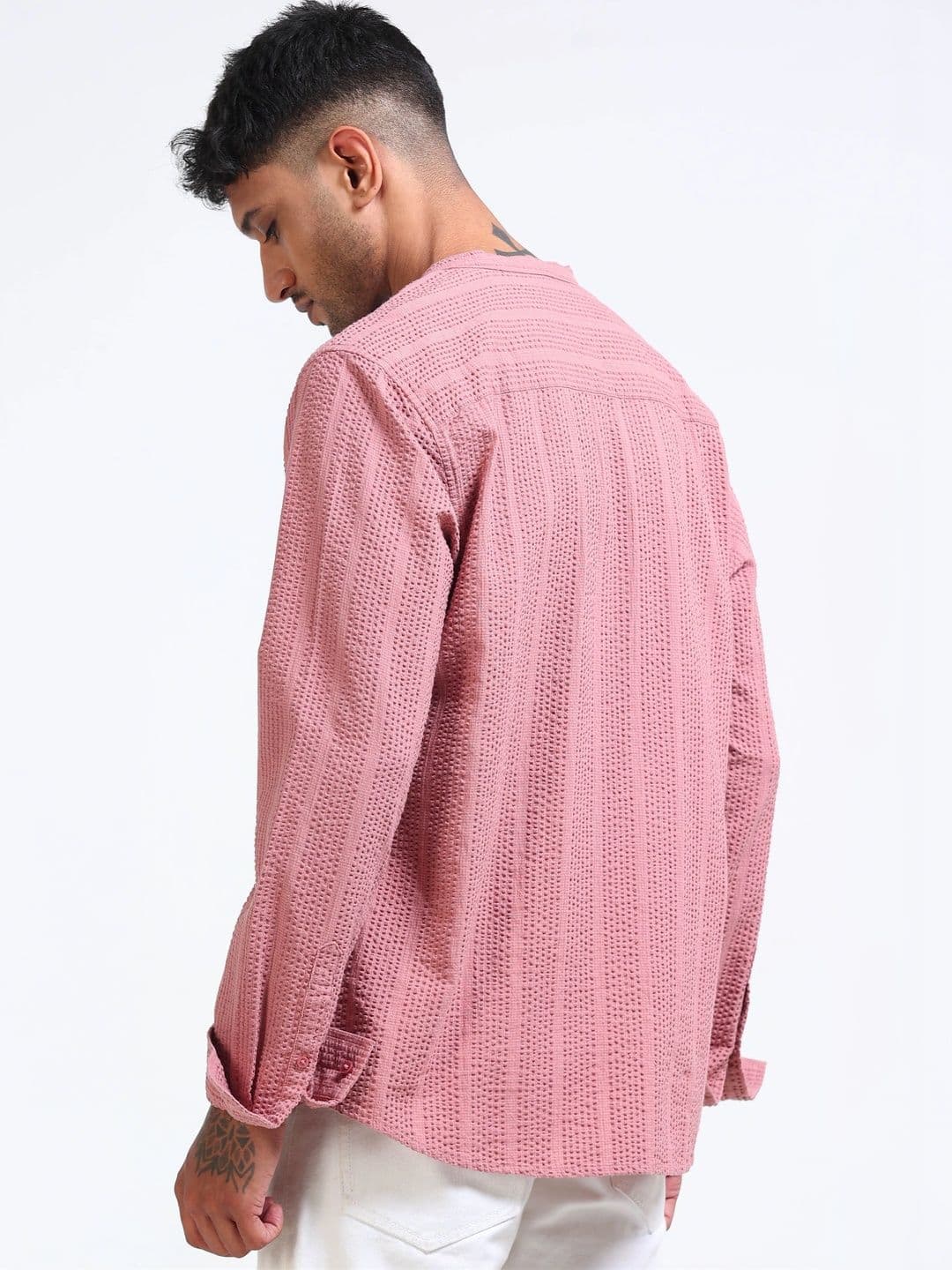 StitchX Men Seersucker Band Collar Pure Cotton Striped Kurta Shirt thumbnail 5