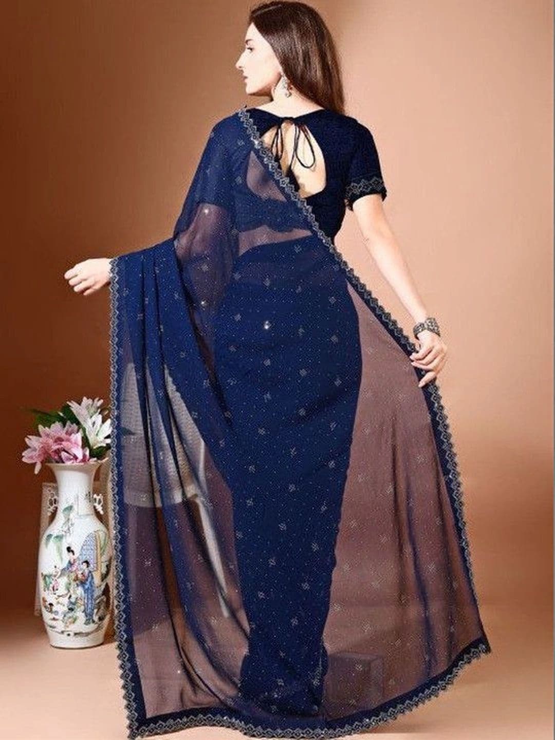 Leelavati Women Embellished Beads and Stones Pure Chiffon Saree thumbnail 3