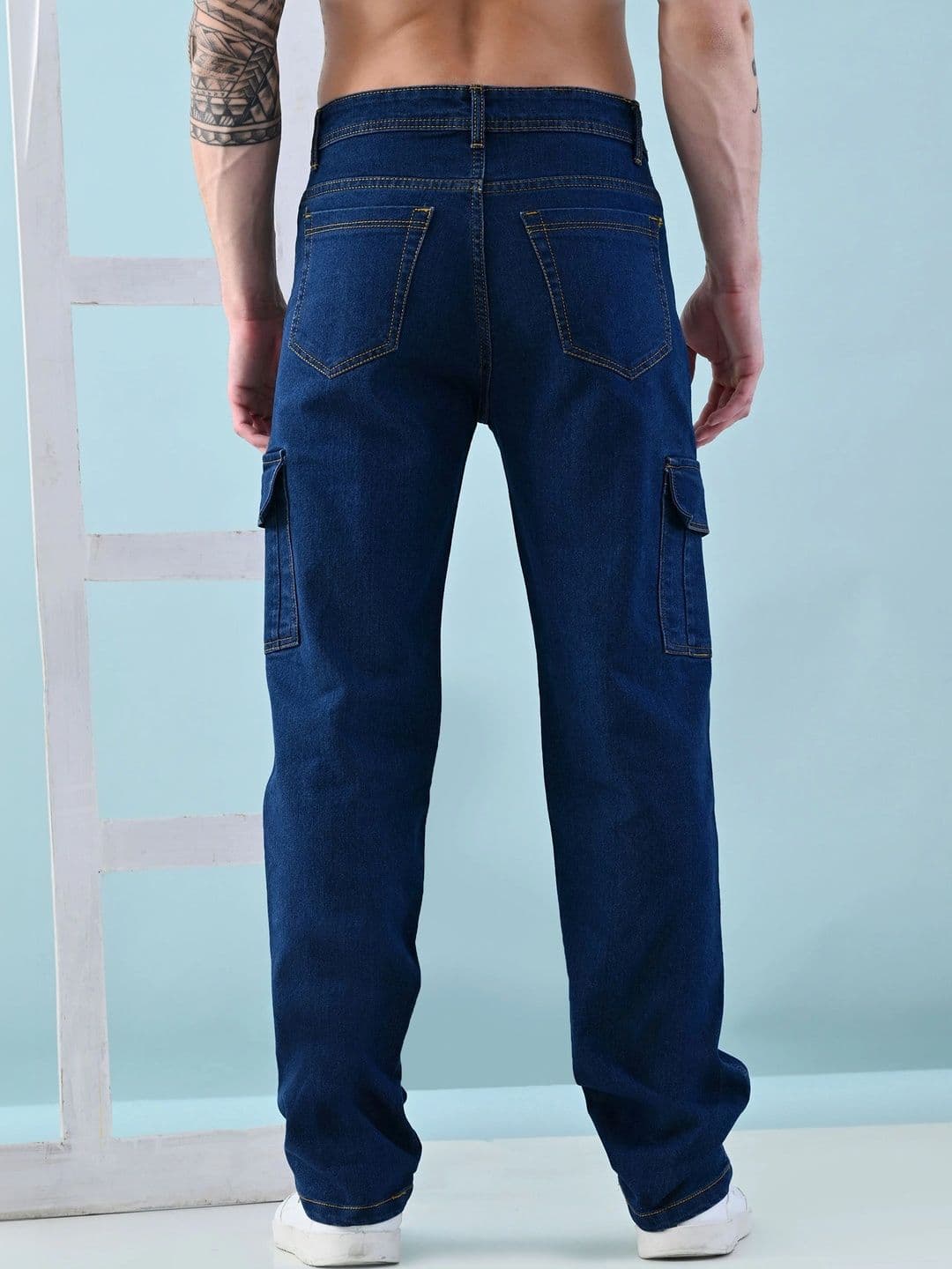 HERE&NOW Men's Dark Wash Mid-Rise Cargo Straight Fit Jeans with Flap Pockets thumbnail 7