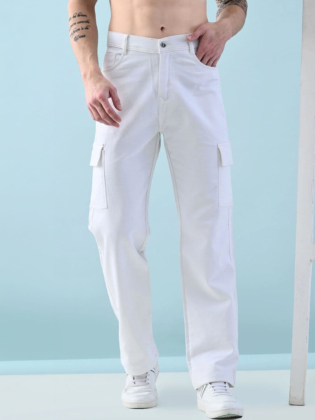 HERE&NOW Men's Contemporary White Mid-Rise Wide-Leg Cargo Jeans - view 1