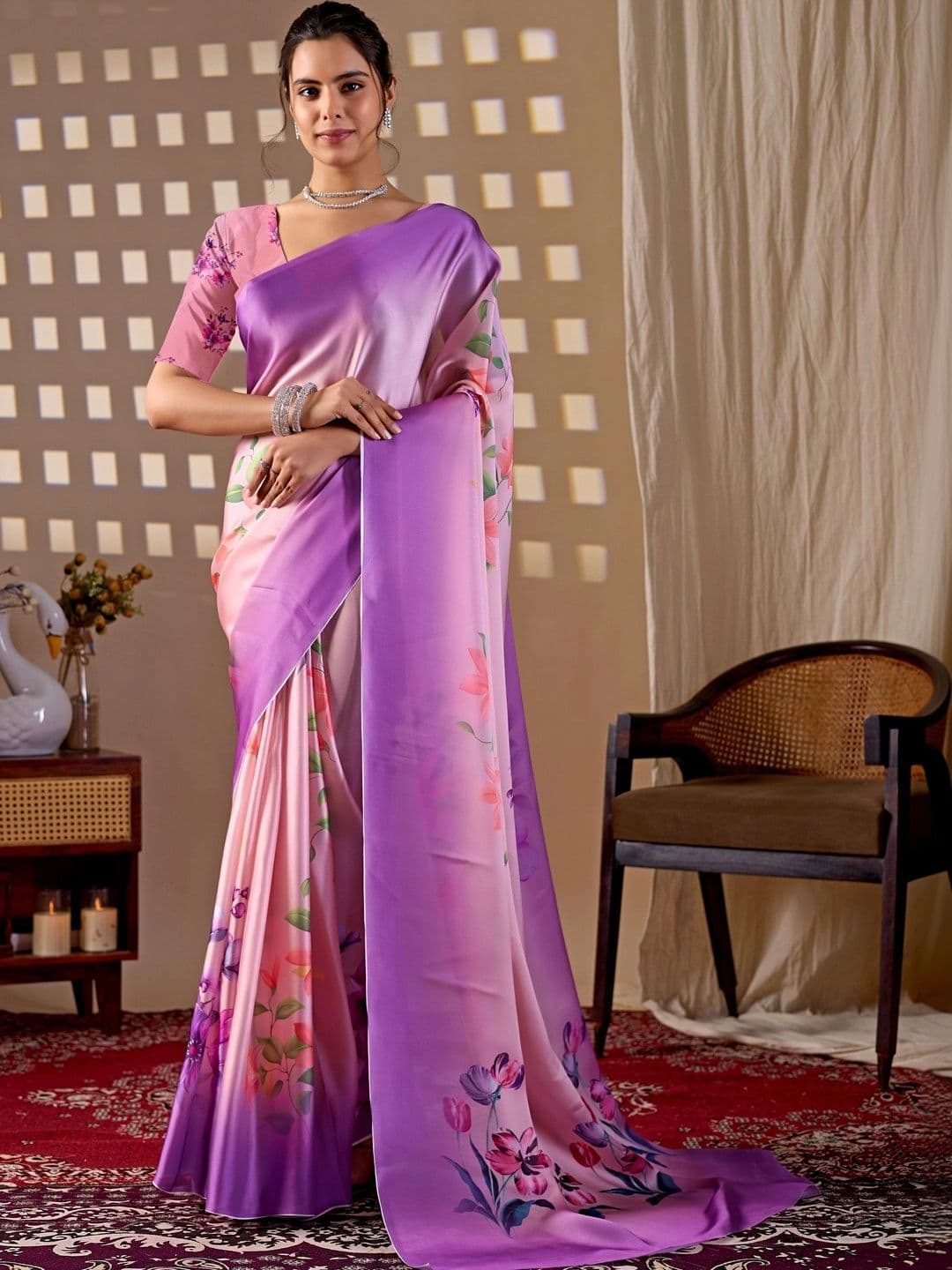 DIVASTRI Floral Satin Designer Saree - view 1