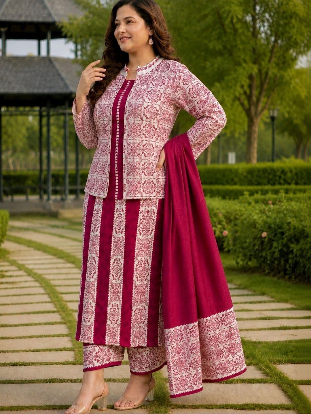 BRAND BORN Women Majenta Woolen 4 Pc Kurta Set with Jacket Trouser Dupatta thumbnail 2