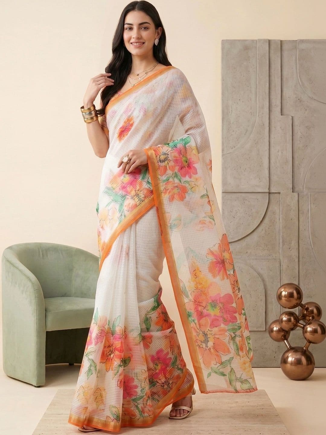 elora Floral Linen Blend Handloom Saree - view 1