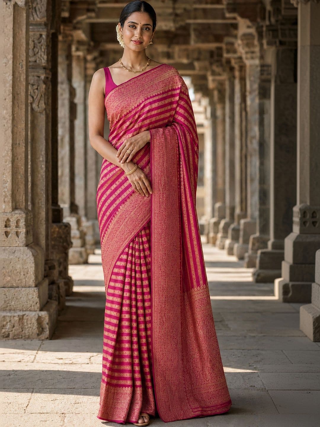 Mitera Striped Zari Silk Blend Designer Banarasi Saree - view 1