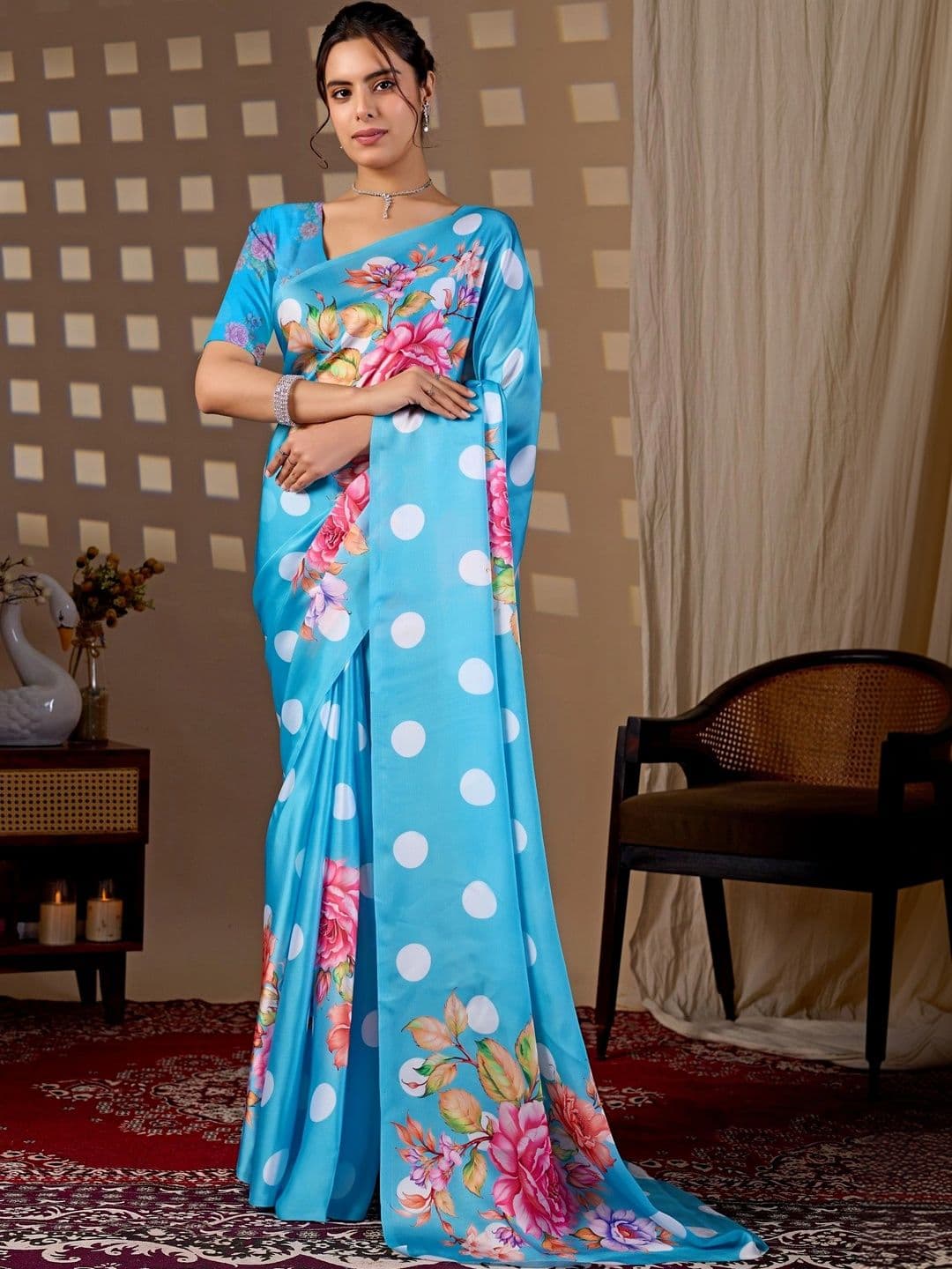 DIVASTRI Floral Satin Designer Saree - view 1