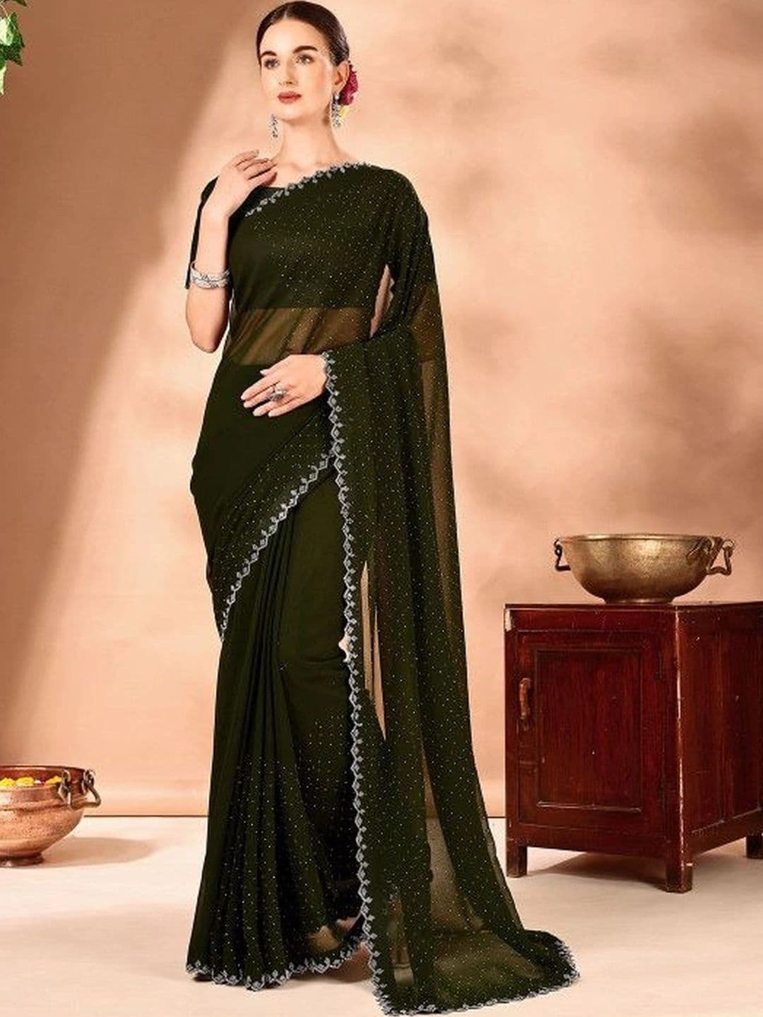Leelavati Women Embellished Beads and Stones Pure Chiffon Saree - view 1