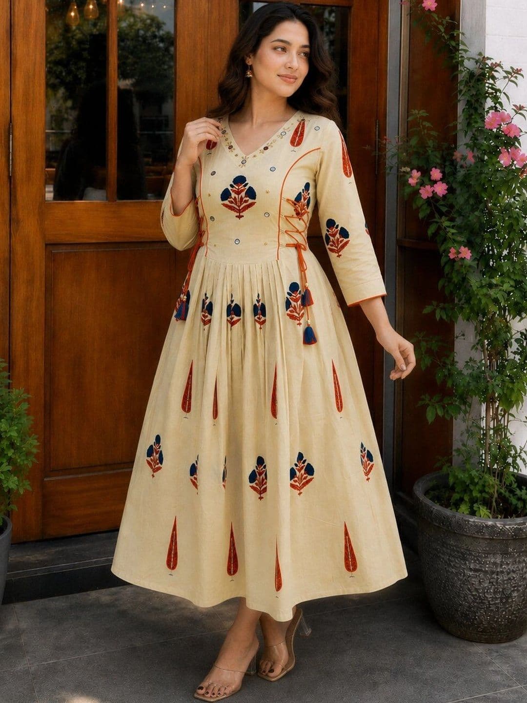 ARANGETRAM Women Ethnic Motifs Printed Mirror Work Anarkali Kurta - view 1