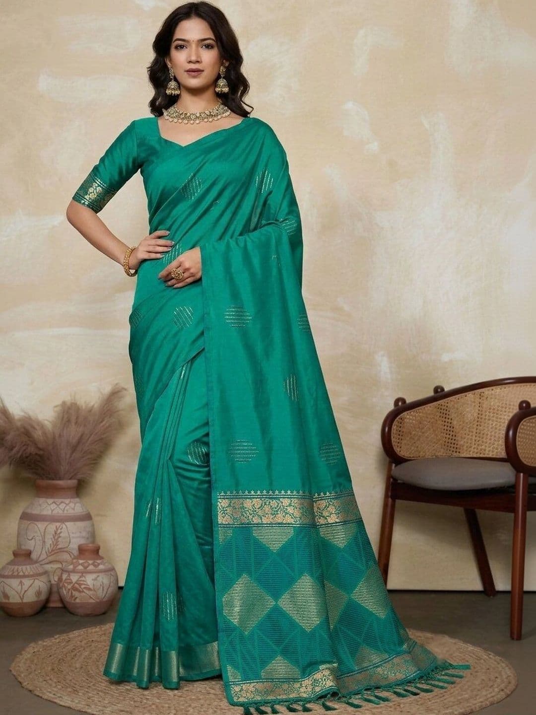 UMANTA Ethnic Motifs Woven Design Zari  Cotton Silk Banarasi Saree - view 1