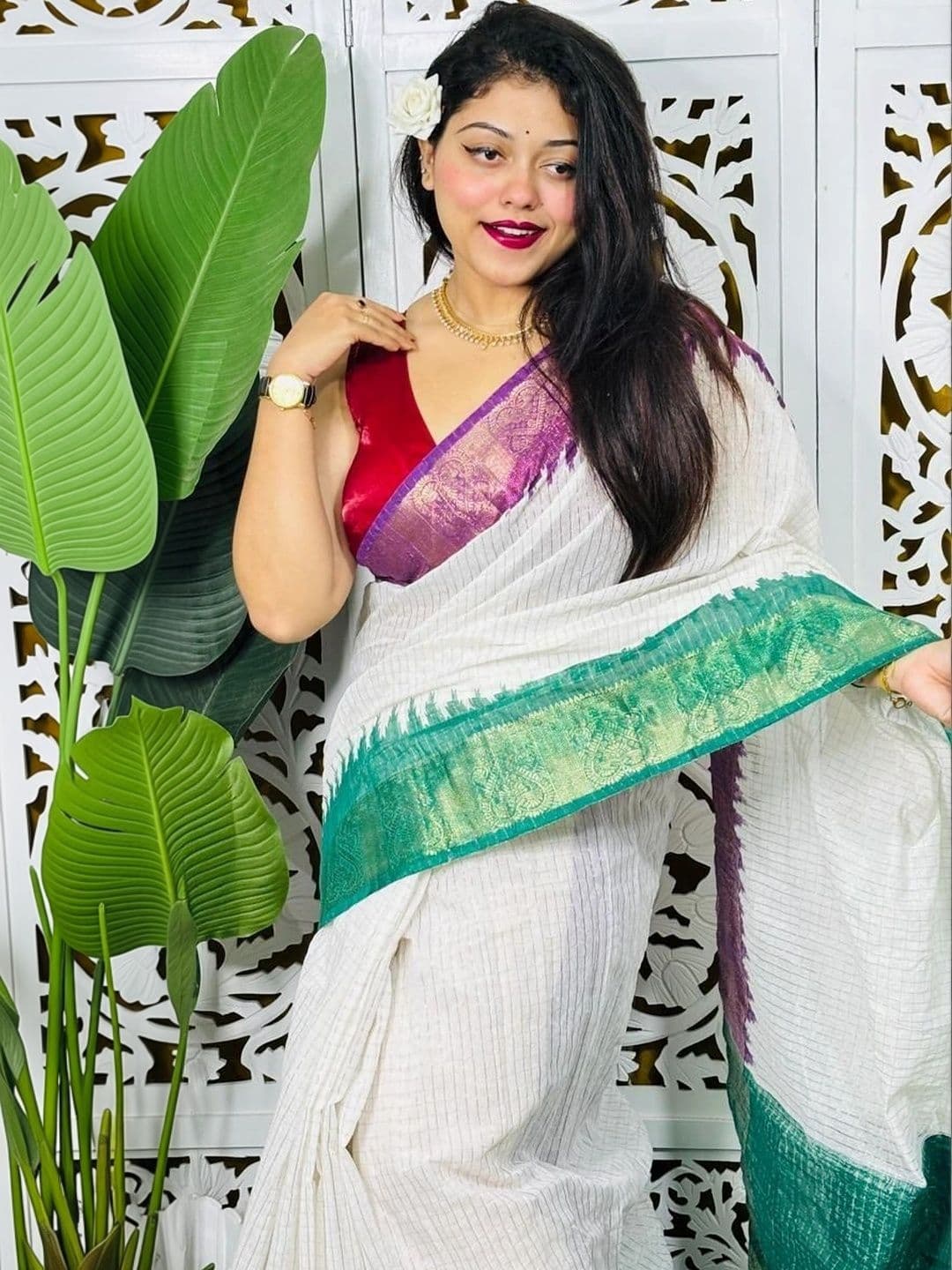 READYMART Striped Zari Pure Cotton Saree thumbnail 2