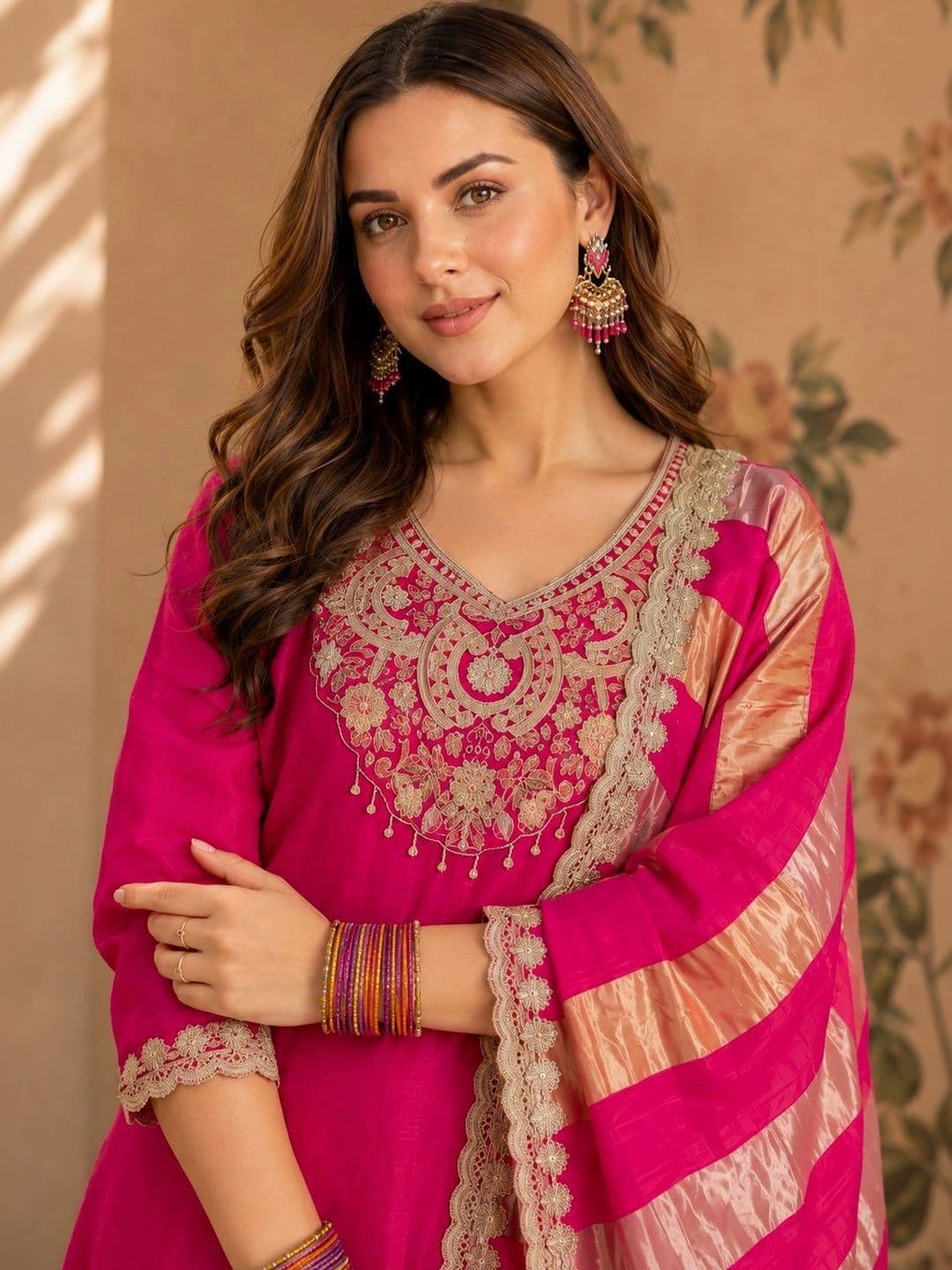 Sangria Women Ethnic Motifs Embroidered Regular Dupion Silk Kurta with Trousers & With Dupatta thumbnail 3