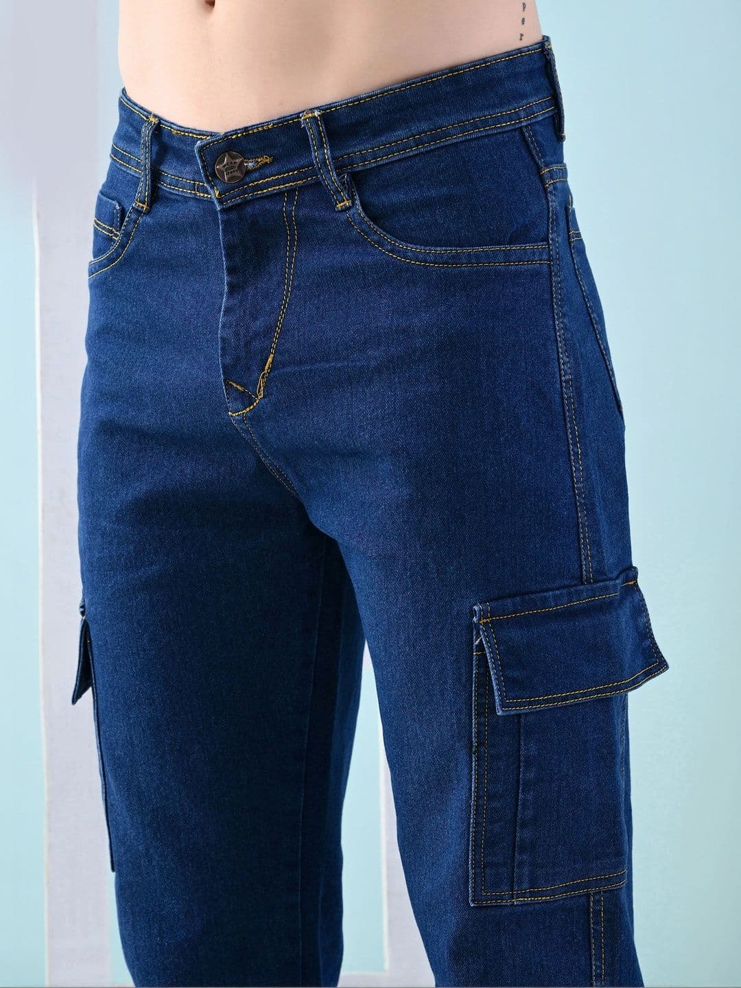 HERE&NOW Men's Dark Wash Mid-Rise Cargo Straight Fit Jeans with Flap Pockets thumbnail 2
