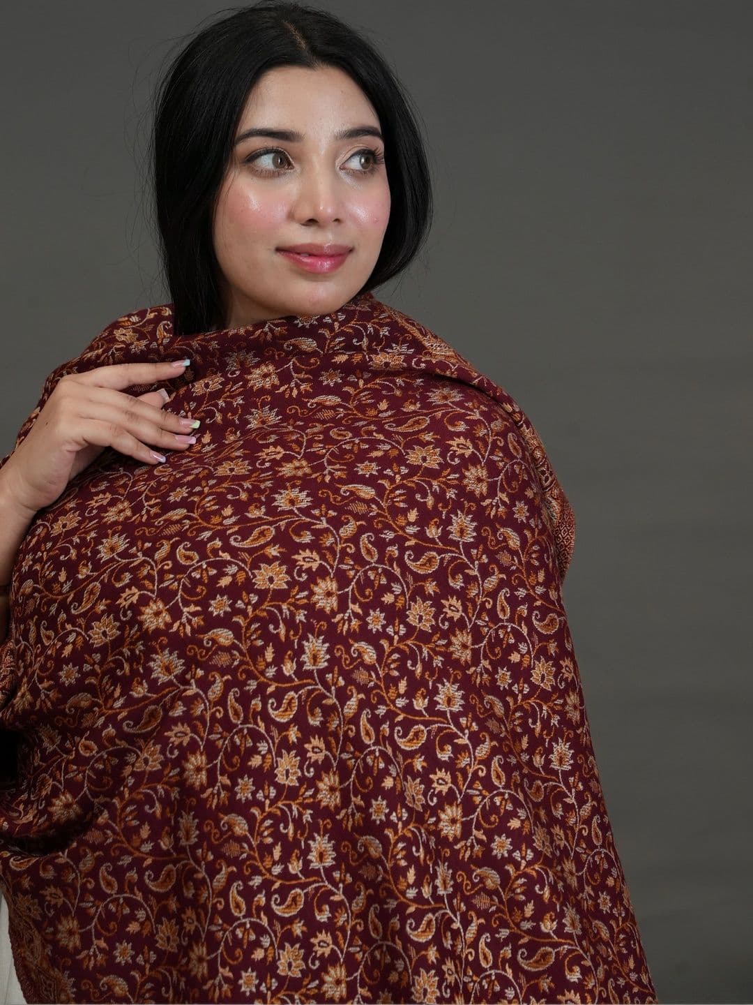 SHIFNEEN Women Floral Woven Design Acrylic Shawl thumbnail 2