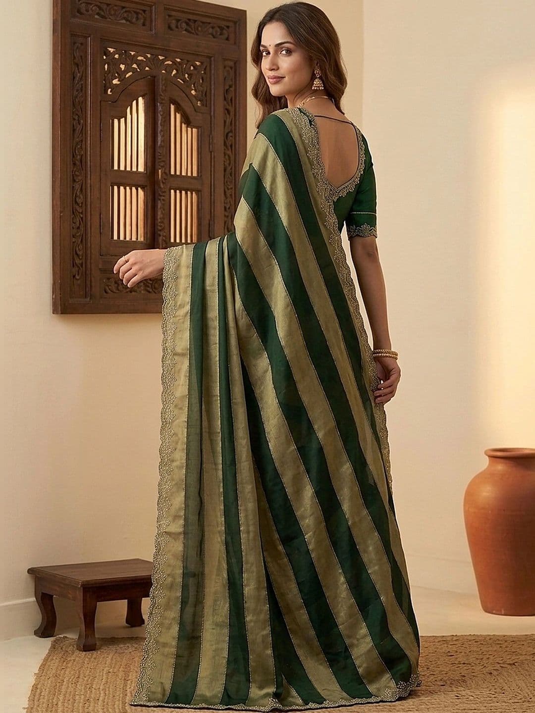 all about you Striped Embroidered Silk Blend Fusion Saree thumbnail 4