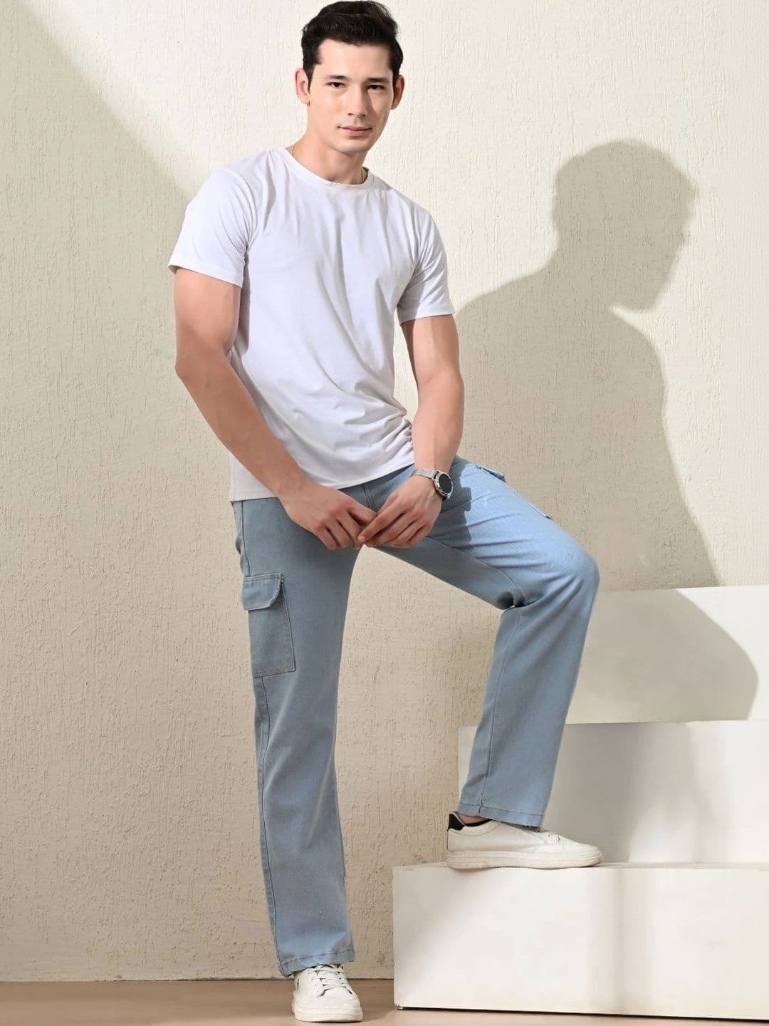 HERE&NOW Men's Light Blue Wash Mid-Rise Cargo Straight Leg Jeans thumbnail 4