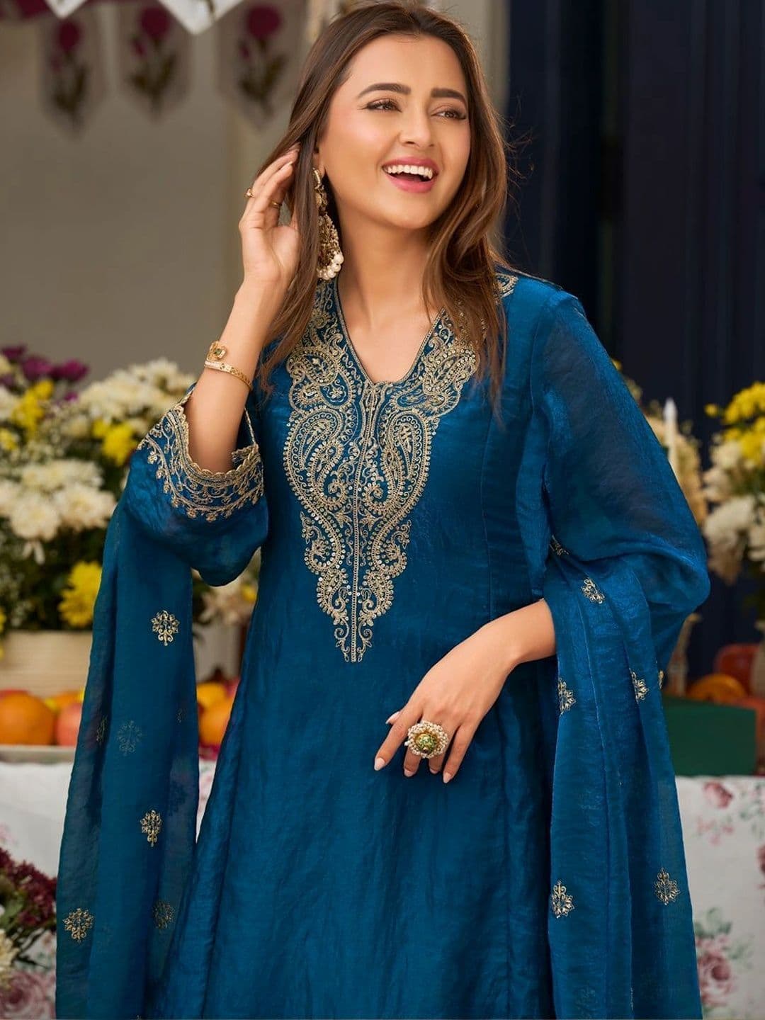 MOKOSH Women Embroidered Anarkali Kurta and Palazzo Set with Dupatta thumbnail 6