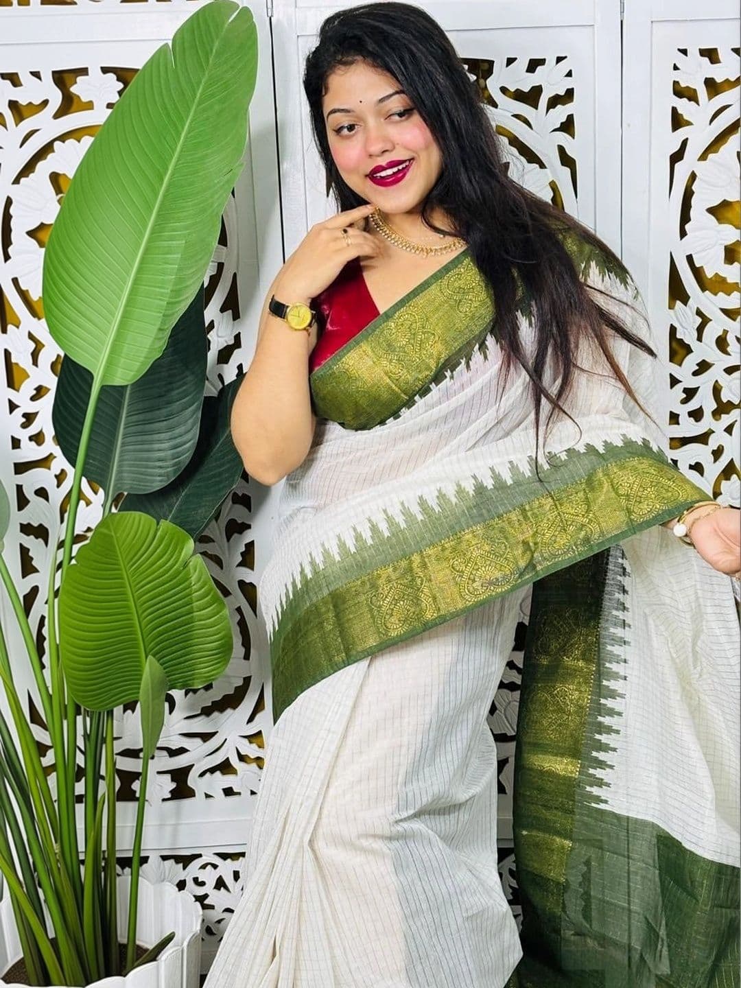 TWRIL Striped Zari Pure Cotton Saree thumbnail 4