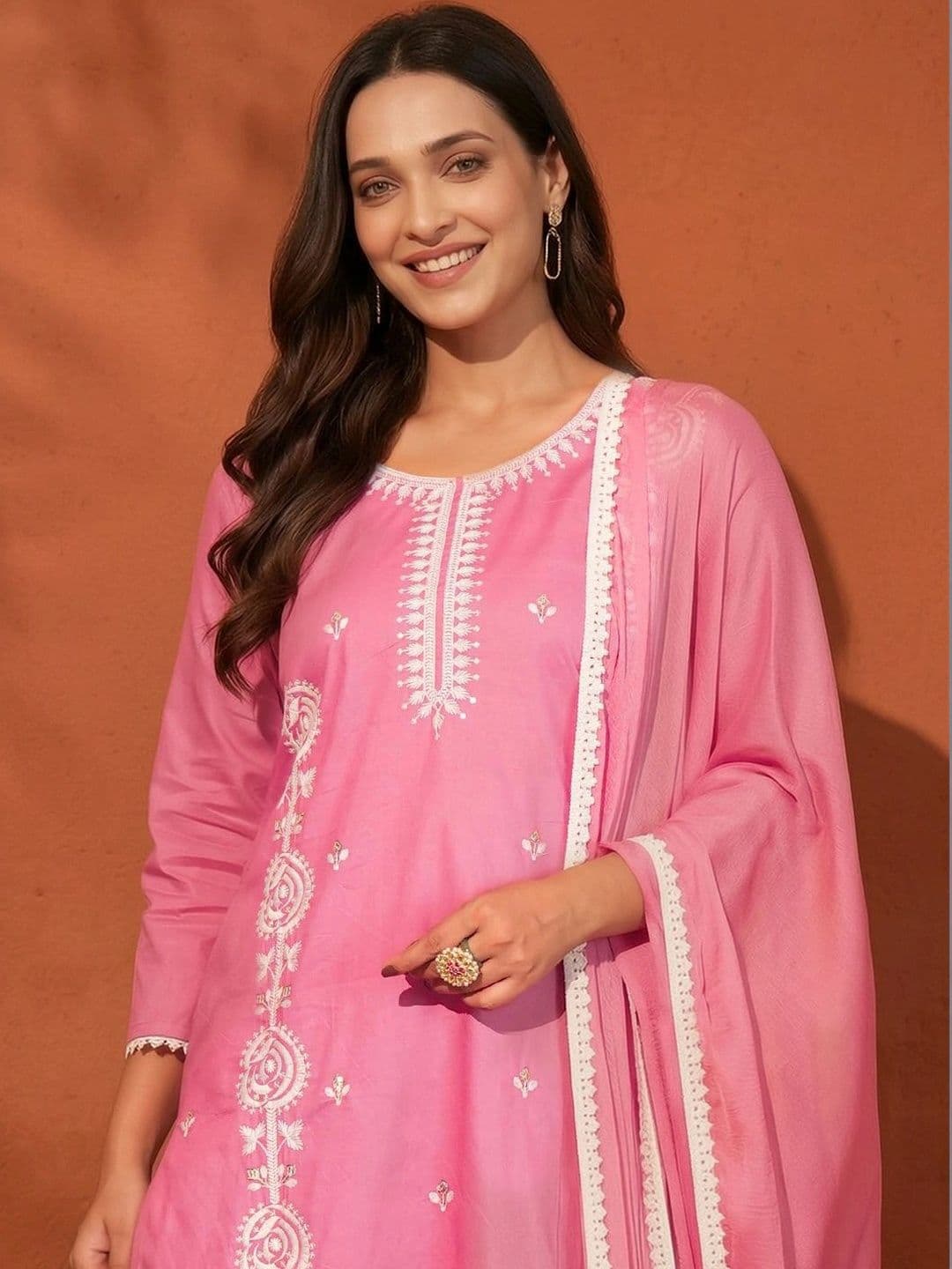 Sangria Women Ethnic Motifs Embroidered Regular Thread Work Pure Cotton Kurta with Trousers & With Dupatta thumbnail 7