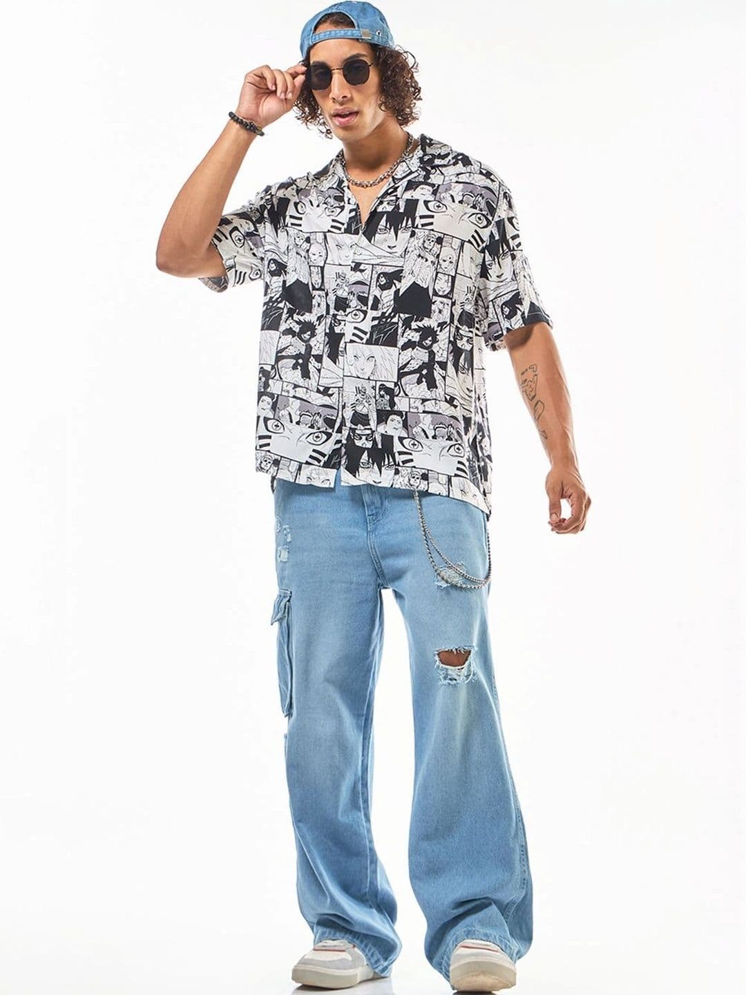 Bewakoof Naruto Men's White & Black All Over Printed Oversized Shirt thumbnail 5