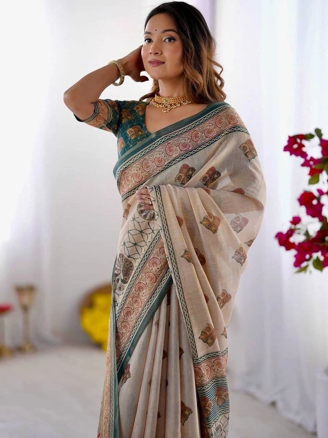 saneria silk Ethnic Motifs Linen Blend Bagru Saree thumbnail 4