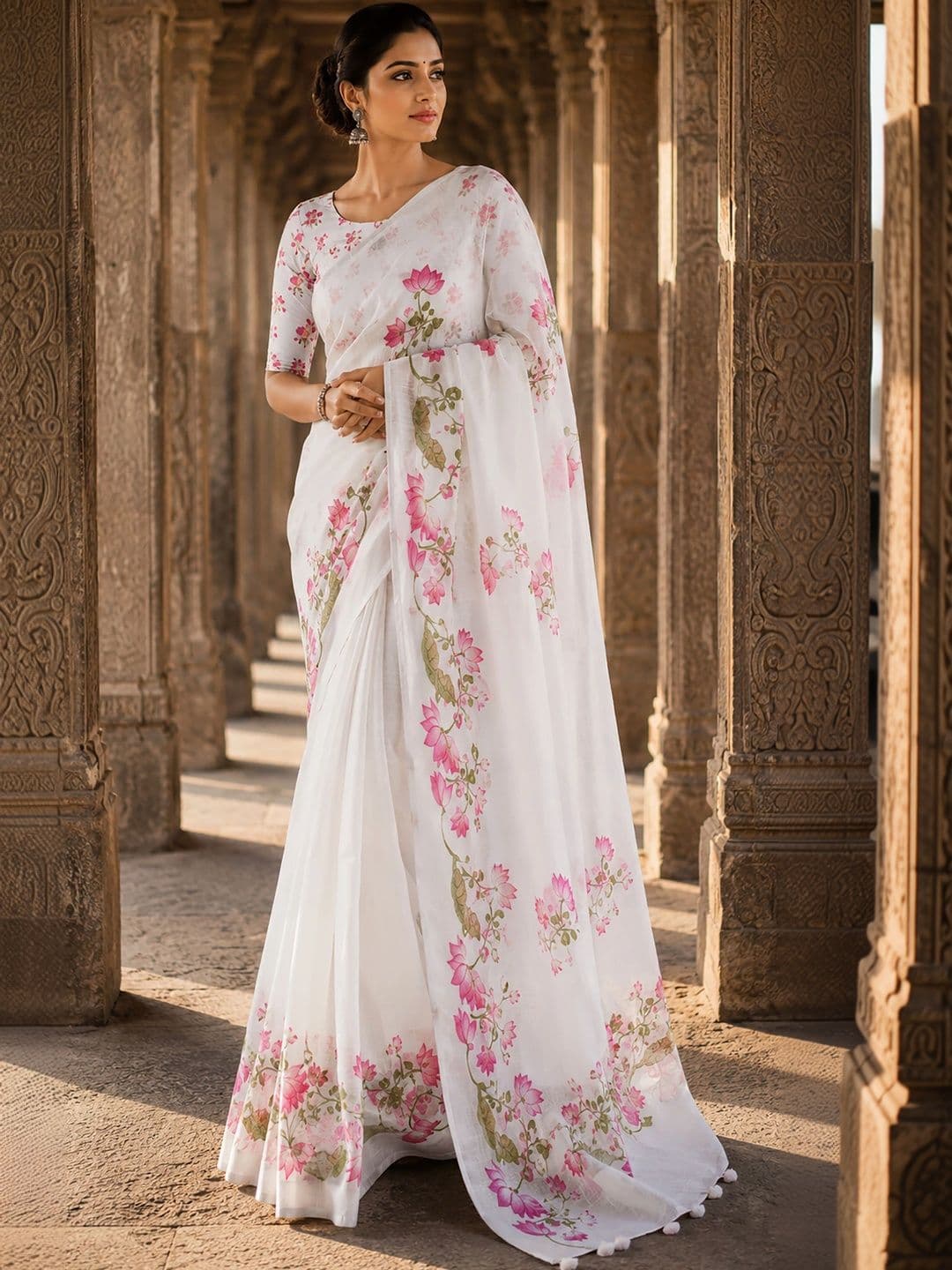 KALINI Floral Linen Blend Designer Block Print Saree thumbnail 4