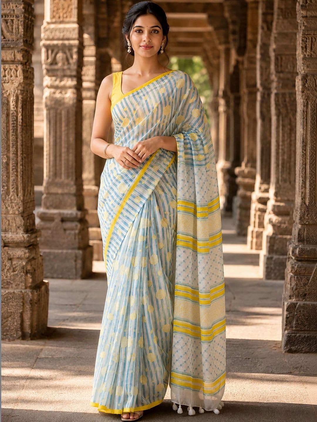 KALINI Striped Linen Blend Designer Block Print Saree - view 1