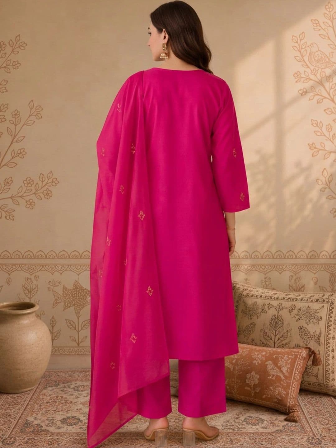 Anouk Women Ethnic Motifs Embroidered Regular Thread Work Pure Cotton Kurta with Trousers & With Dupatta thumbnail 3