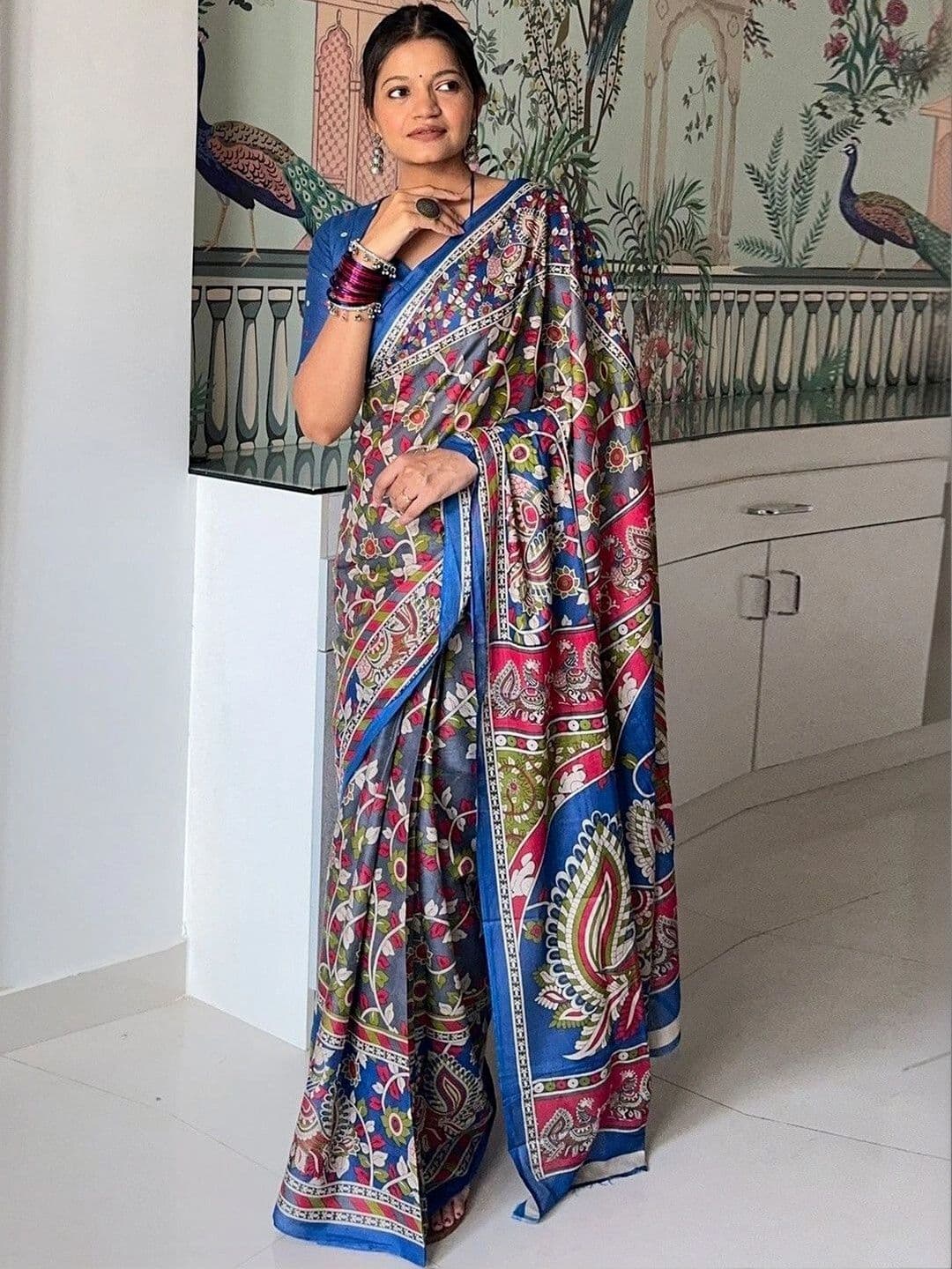 MITITA FASHION Women's Cotton Blend Ethnic Peacock & Floral Print Saree with Woven Border - view 1