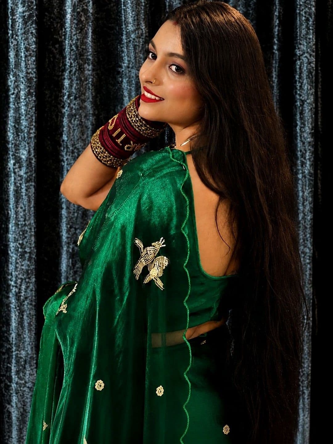 HK TEX Embroidered Satin Saree thumbnail 5