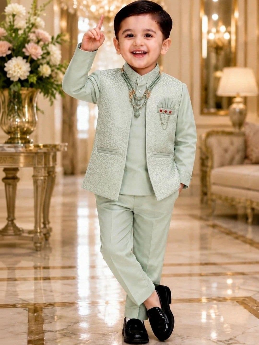 Elite Trend Traders Boys Self-Design Satin Mandarin Collar Neck Sherwani Set - view 1