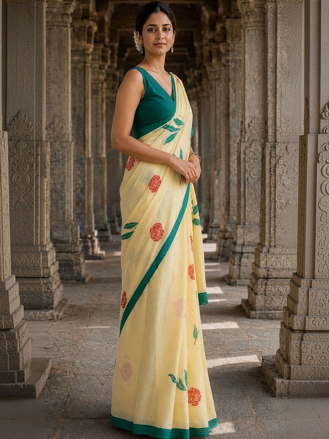 KALINI Floral Linen Blend Designer Block Print Saree thumbnail 3