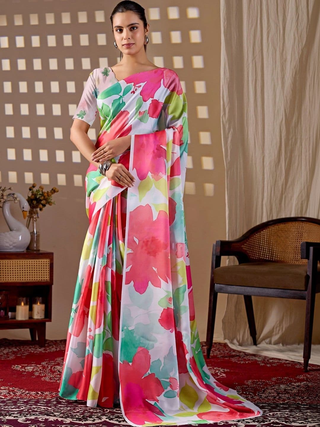 DIVASTRI Floral Satin Designer Saree - view 1
