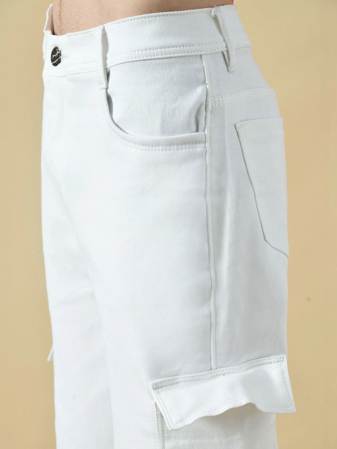 HERE&NOW Men's Mid-Rise White Cargo Straight Fit Jeans with Flap Pockets thumbnail 3