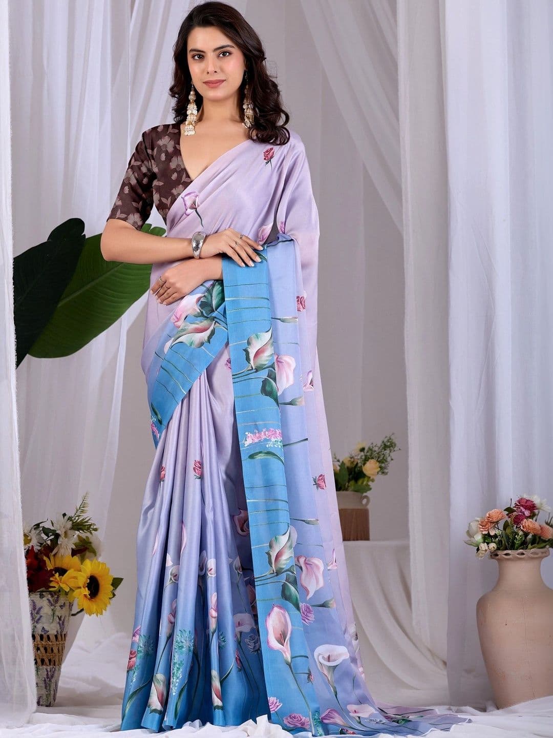 DIVASTRI Floral Satin Designer Saree - view 1