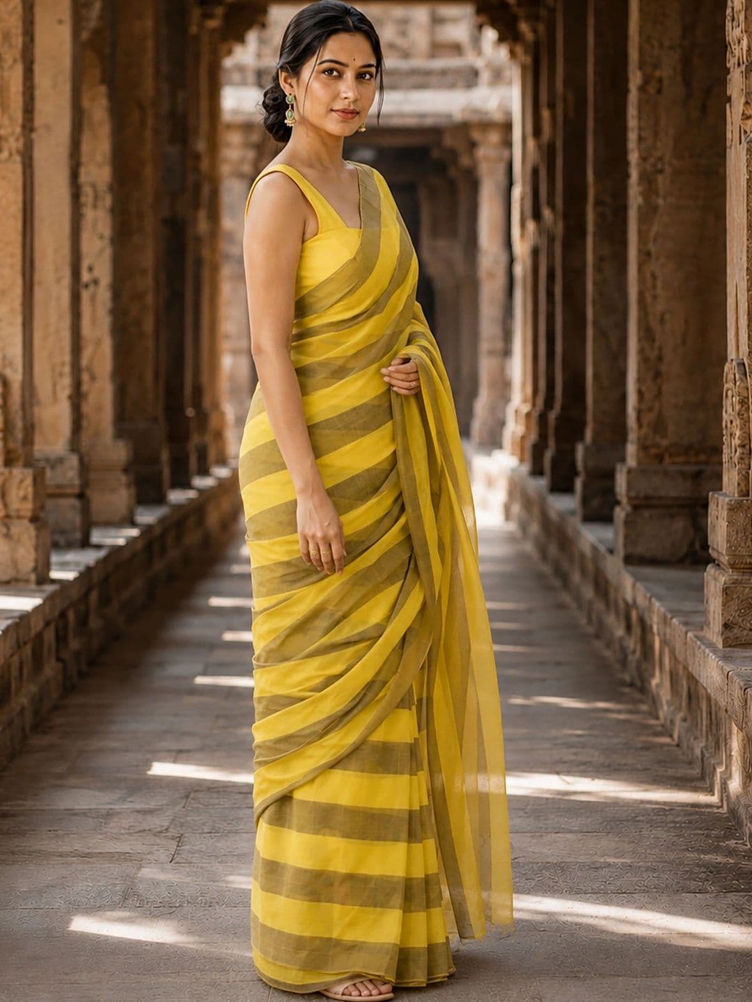 KALINI Striped Linen Blend Designer Block Print Saree thumbnail 4