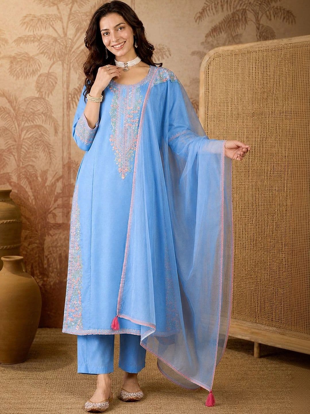 Sangria Women Floral Embroidered Regular Thread Work Kurta with Trousers & With Dupatta - view 1