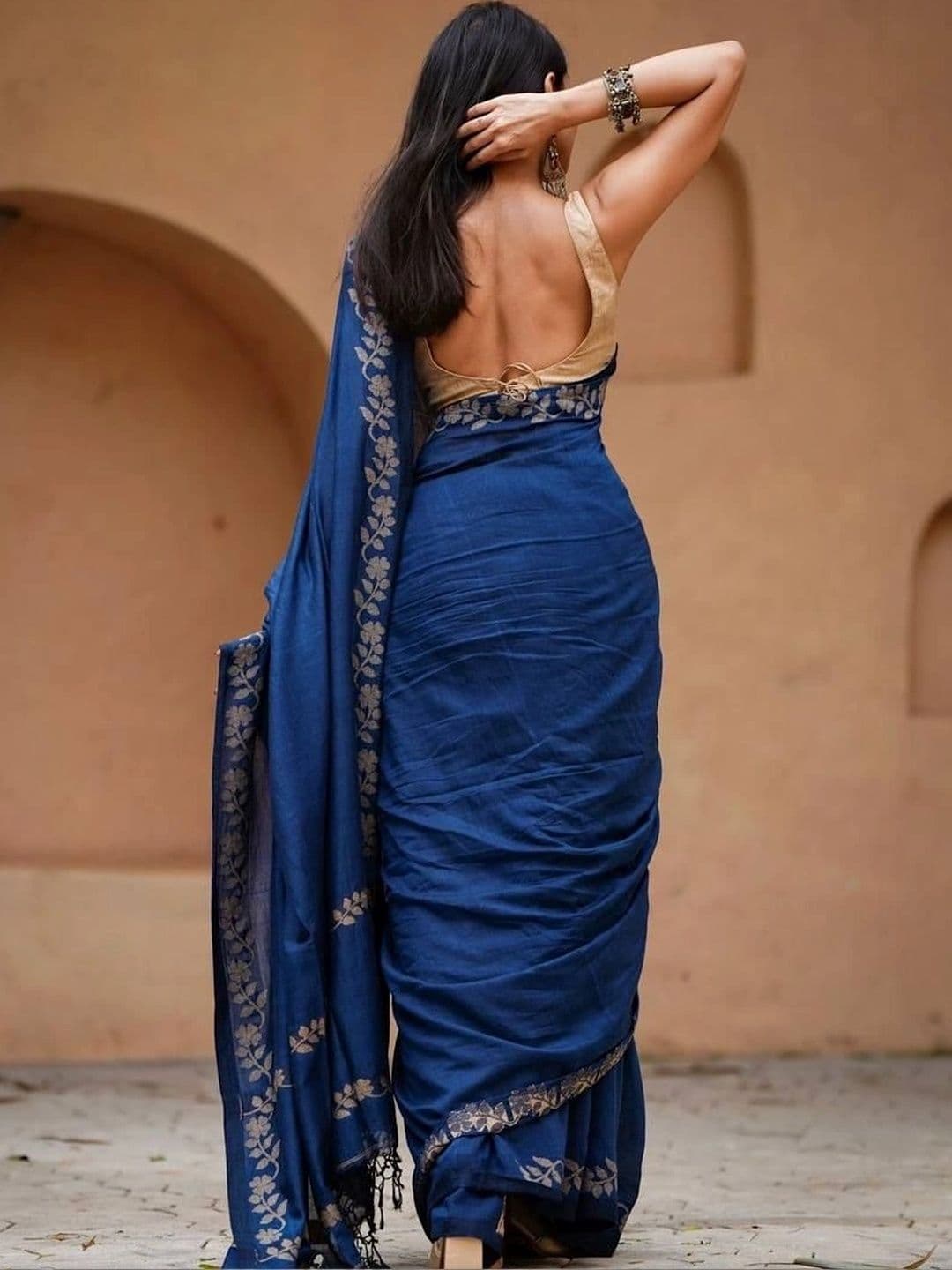 saneria silk Floral Linen Blend Bagru Saree thumbnail 5