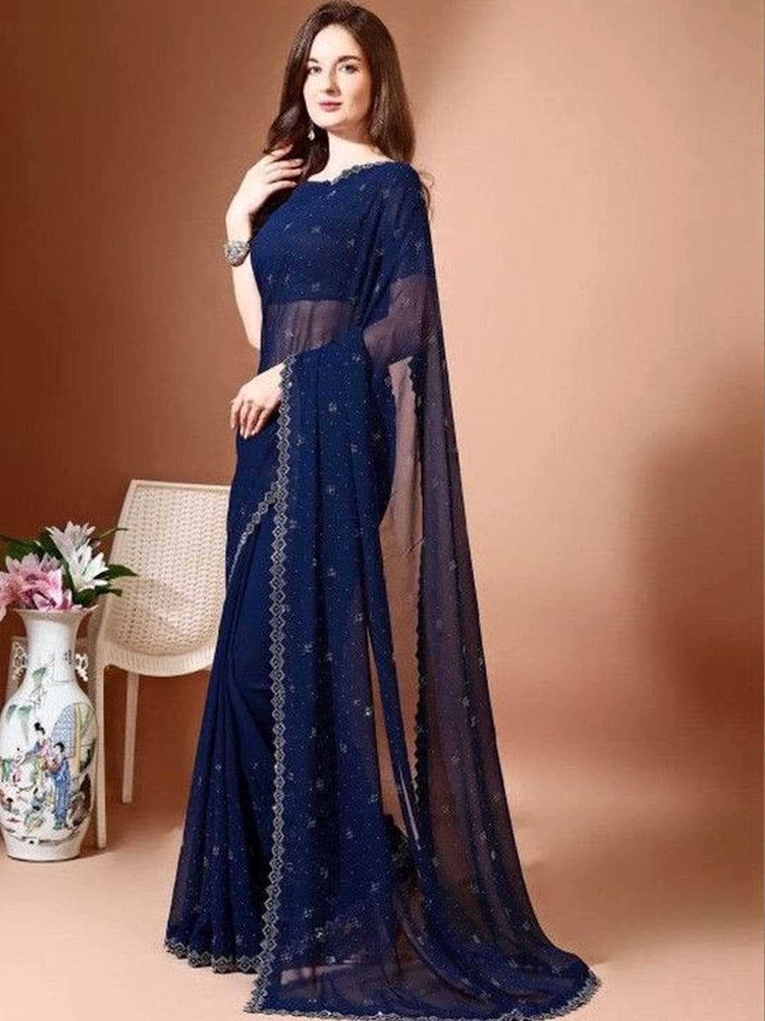 Leelavati Women Embellished Beads and Stones Pure Chiffon Saree thumbnail 6