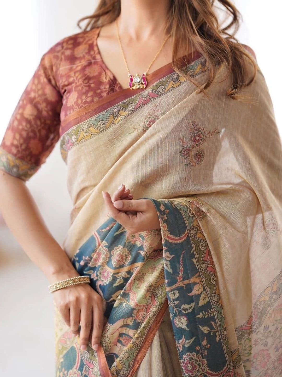saneria silk Kalamkari Linen Blend Chanderi Saree thumbnail 4