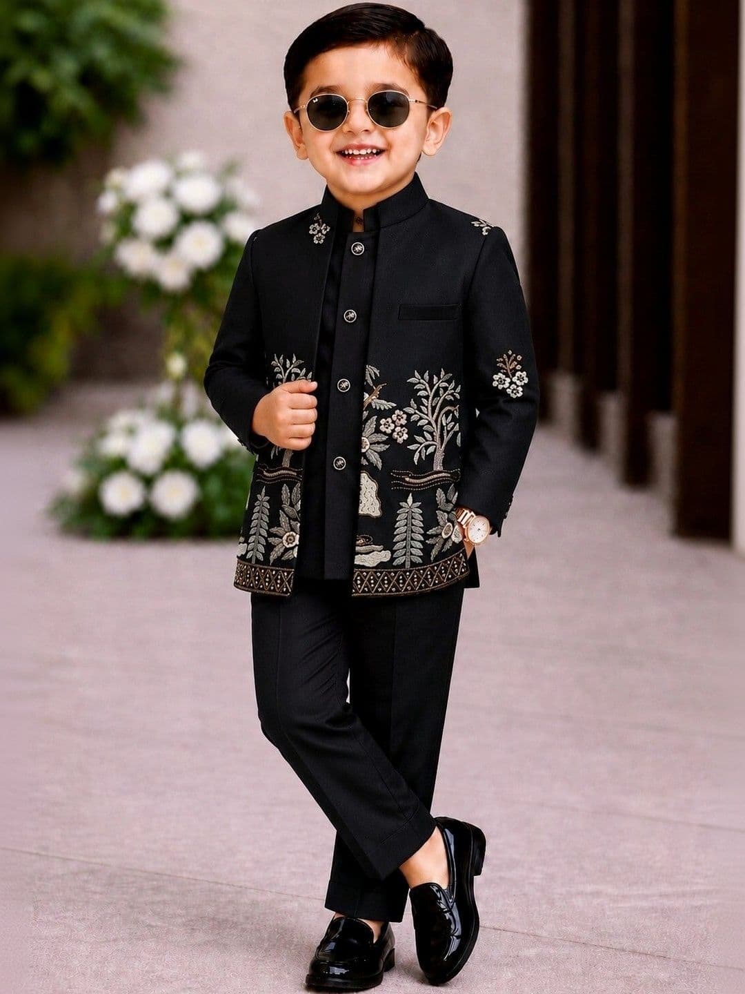 Elite Trend Traders Boys Embroidered Satin Mandarin Collar Neck Sherwani Set - view 1