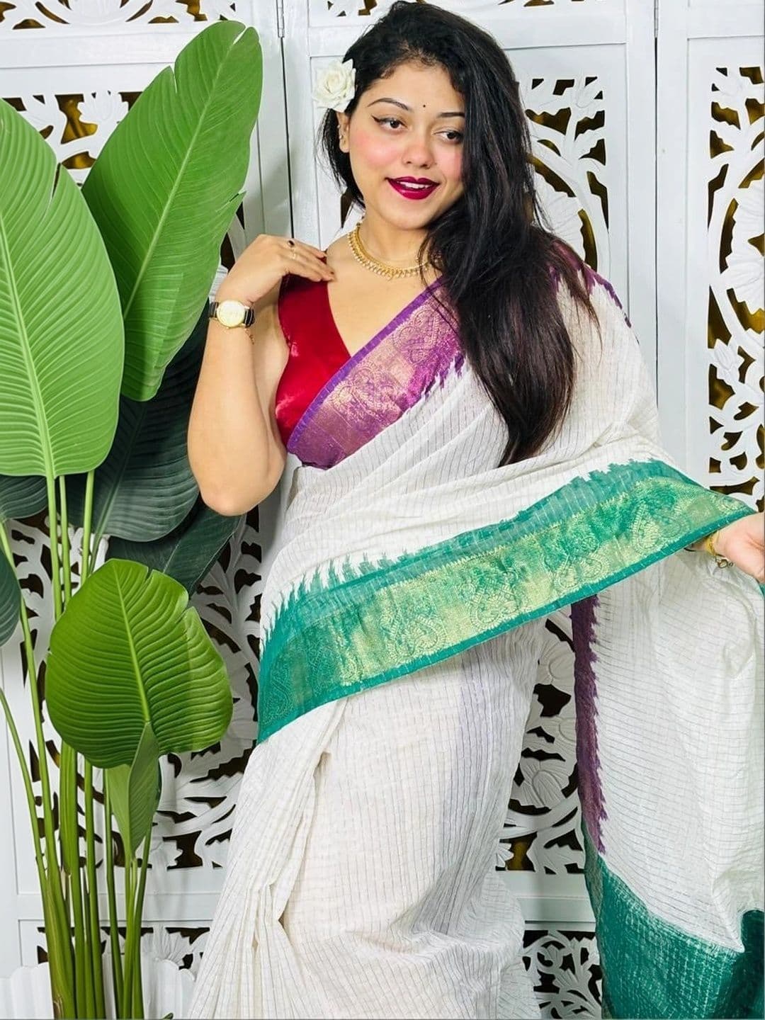 JHILUU Striped Zari Pure Cotton Saree thumbnail 2