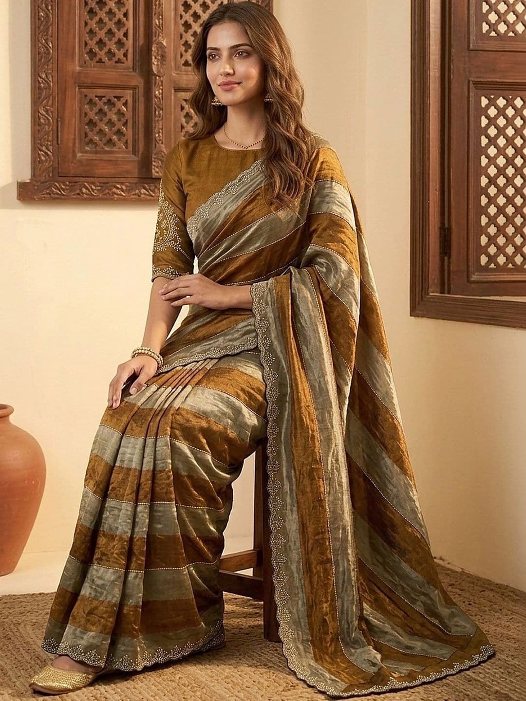 all about you Striped Beads and Stones Silk Blend Fusion Saree thumbnail 4