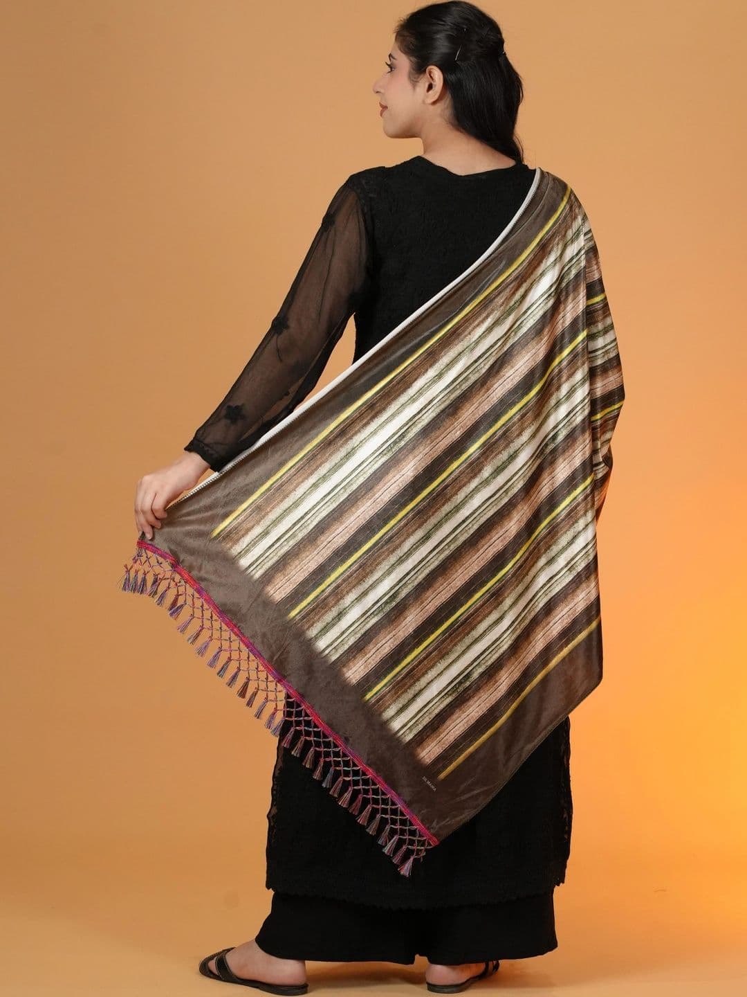 S.T. Women Striped Printed Velvet Shawl thumbnail 3