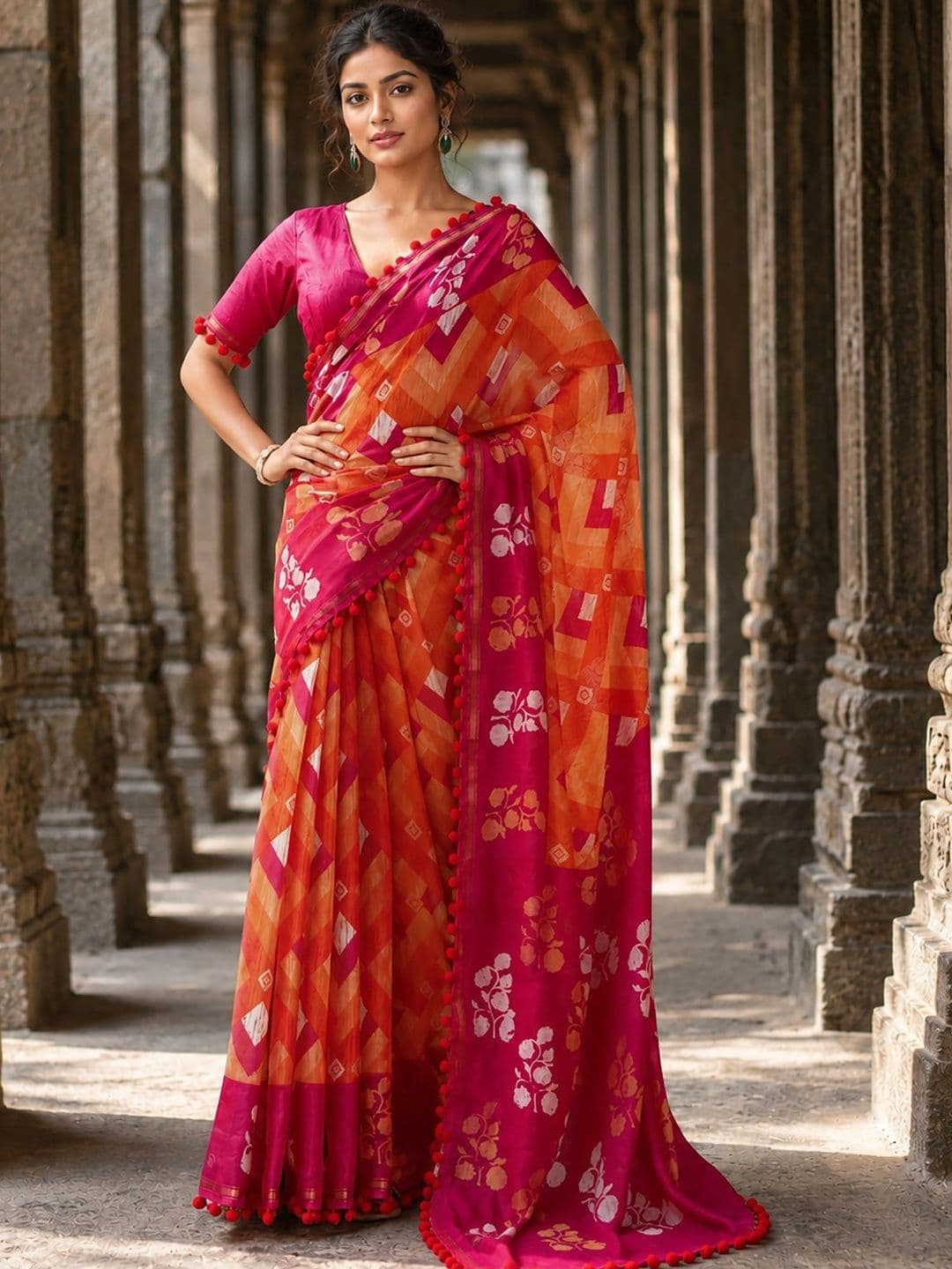 KALINI Linen Blend Designer Block Print Saree thumbnail 2